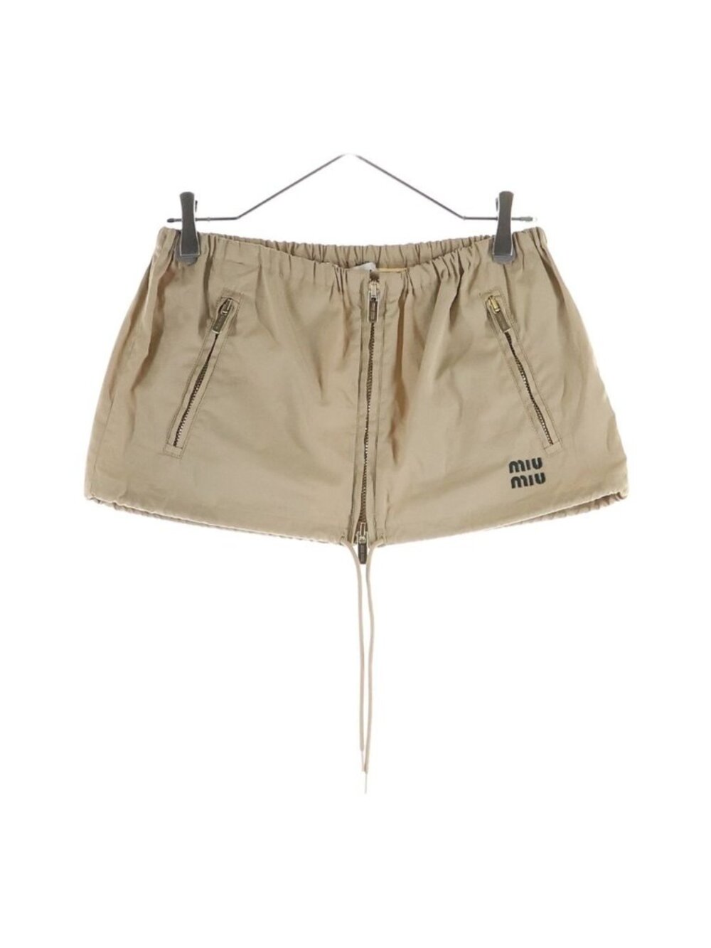 Miu Miu Poplin Logo Embroidery Drawstring Mini Skirt Beige 38